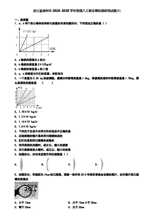 浙江省湖州市2019-2020学年物理八上期末模拟调研测试题(4)