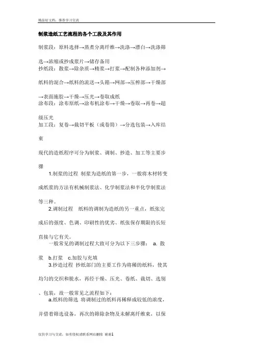 最新制浆造纸工艺流程的各个工段及其作用