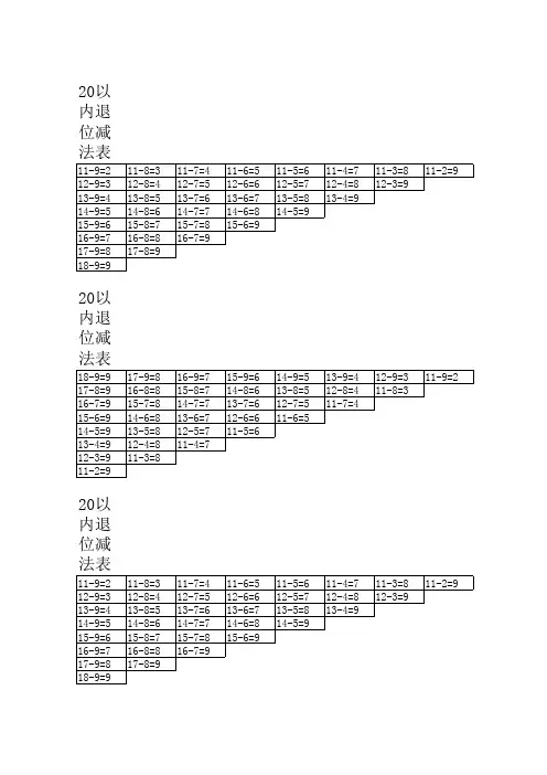 20以内退位减法表 4