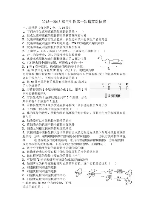 河南省三门峡市陕州中学2016届高三上学期第一次精英对抗赛生物试卷