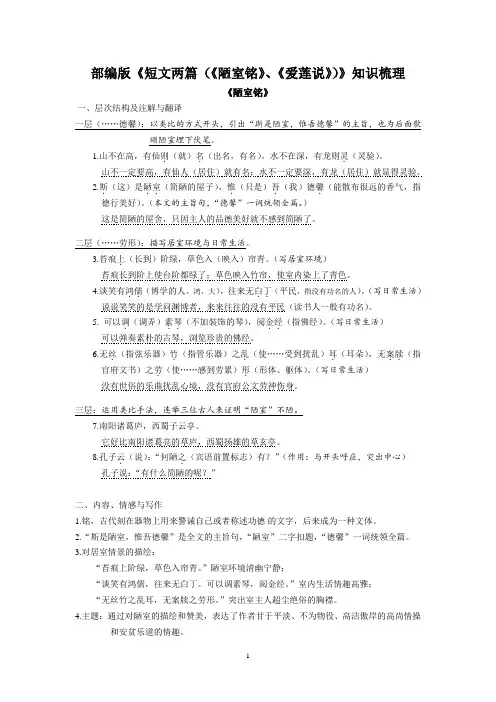 部编版《短文两篇(《陋室铭》、《爱莲说》)》知识梳理20180421