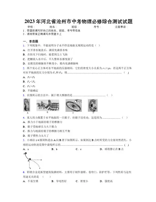 2023年河北省沧州市中考物理必修综合测试试题附解析