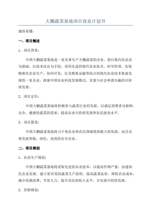 大棚蔬菜基地项目商业计划书