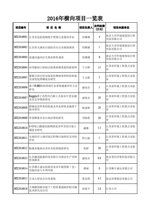 2016年横向项目一览表