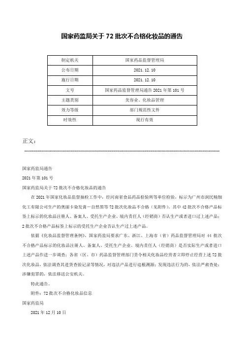 国家药监局关于72批次不合格化妆品的通告-国家药品监督管理局通告2021年第101号