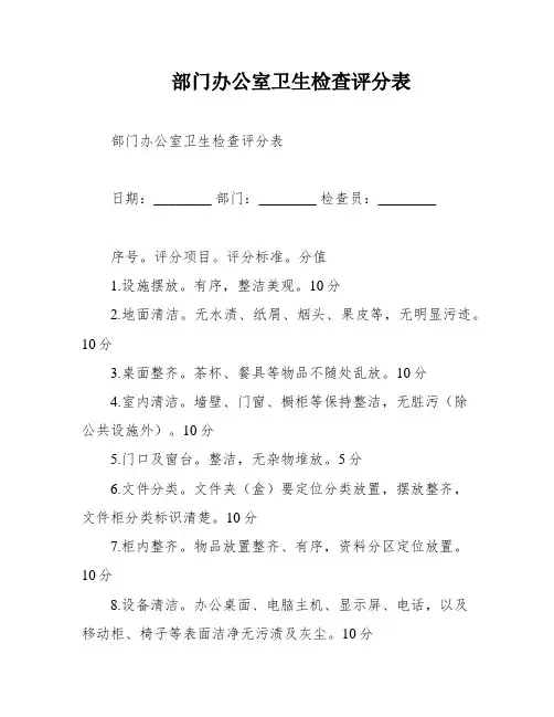 部门办公室卫生检查评分表
