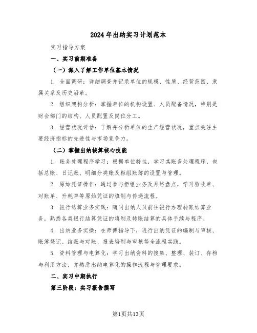 2024年出纳实习计划范本（六篇）