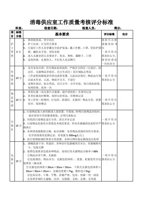 消毒供应室工作质量考核评分标准