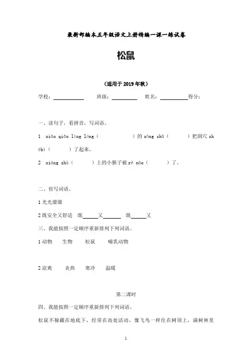 五年级上册语文同步练习 -松鼠 含答案  人教部编版