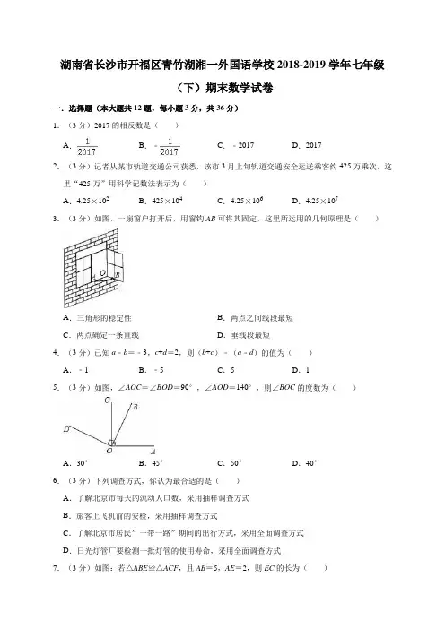 湖南省长沙市开福区青竹湖湘一外国语学校2018-2019学年七年级(下)期末数学试卷解析版