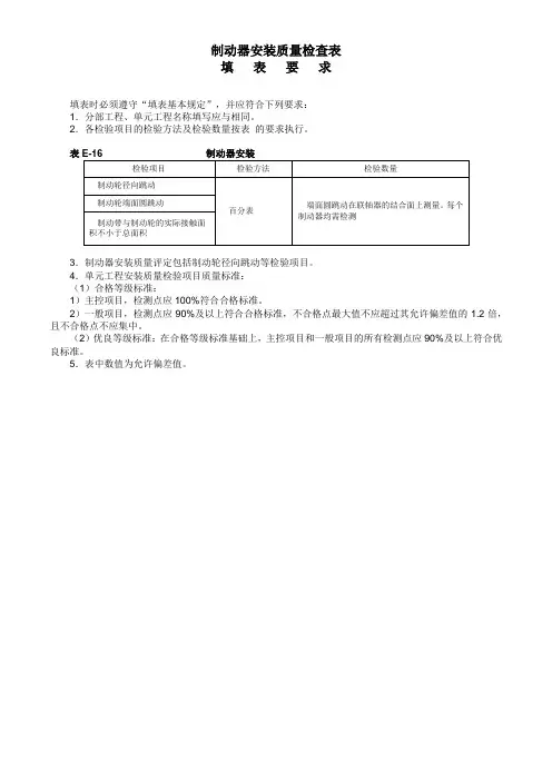制动器安装质量检查表