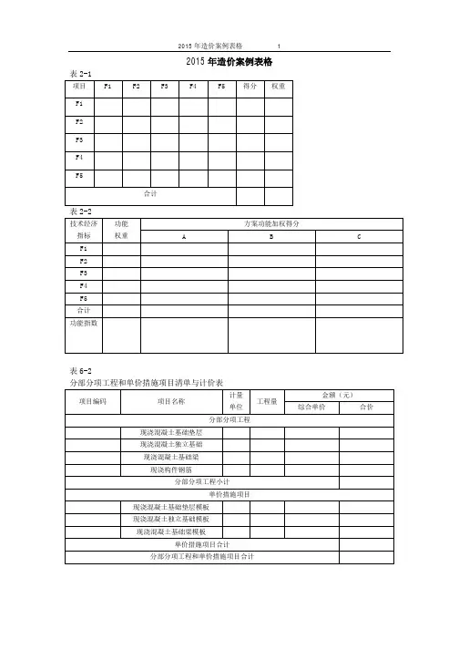 2010-2015年造价工程师案例答题卡表格