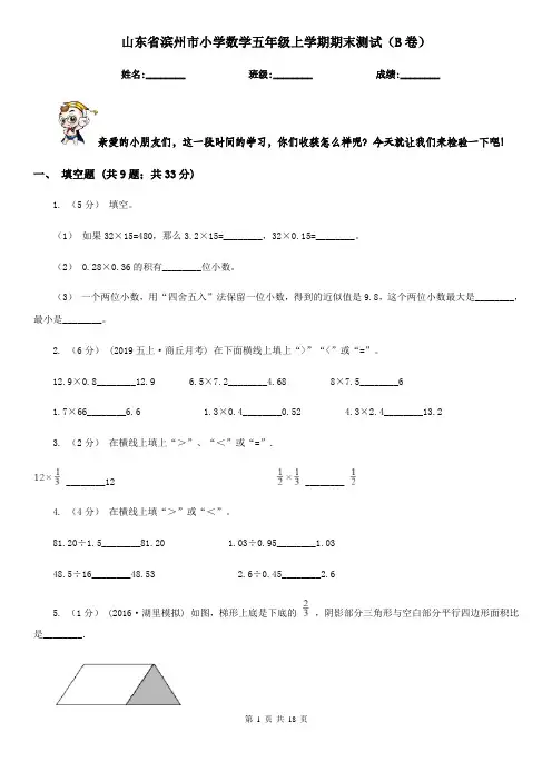 山东省滨州市小学数学五年级上学期期末测试(B卷)