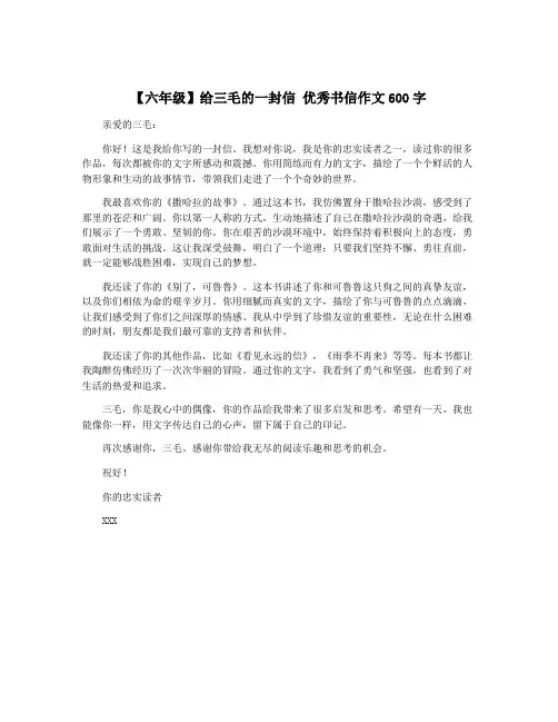 【六年级】给三毛的一封信 优秀书信作文600字