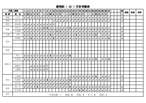 早班10-11-12-1-2-3-4-5-6-7-8-9月份 考勤表