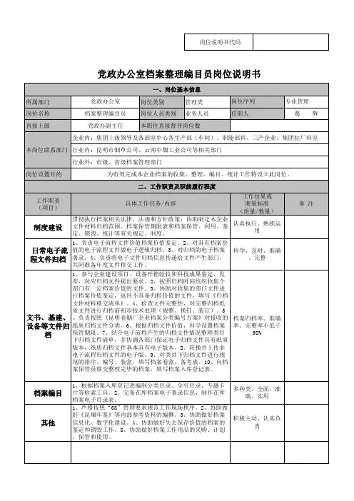 档案整理编目员岗位说明书(葛辉)