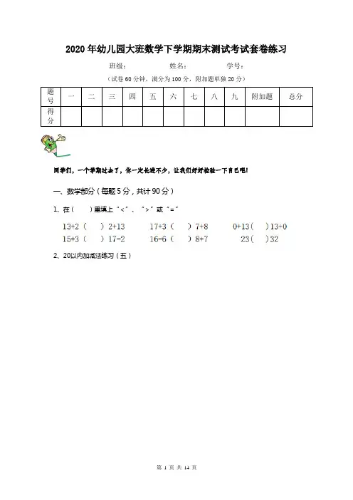 2020年幼儿园大班数学下学期期末测试考试套卷练习