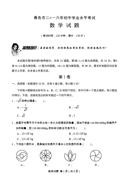 青岛市2016年初中学业水平考试数学试题.pdf