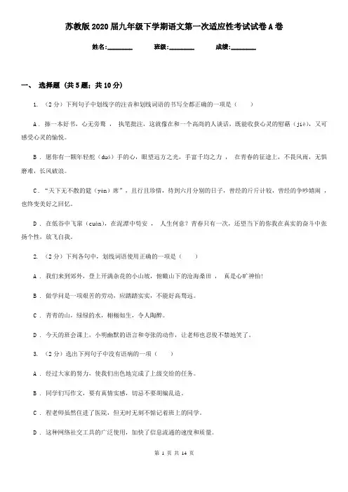 苏教版2020届九年级下学期语文第一次适应性考试试卷A卷