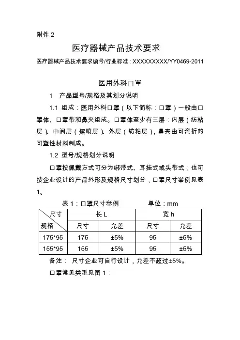 医用外科口罩--医疗器械产品技术要求模板