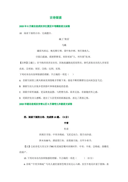 2023年湖北省武汉市部分地区中考语文模拟试卷汇编：古诗阅读