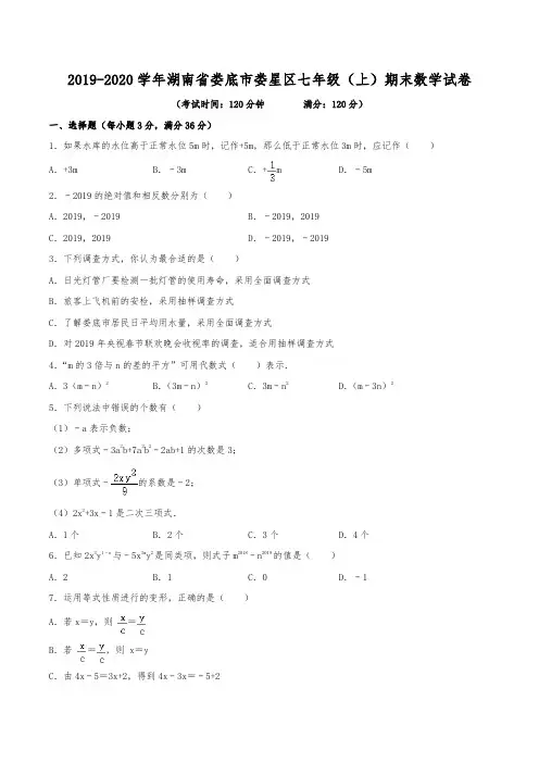 2019-2020学年湖南省娄底市娄星区七年级(上)期末数学试卷