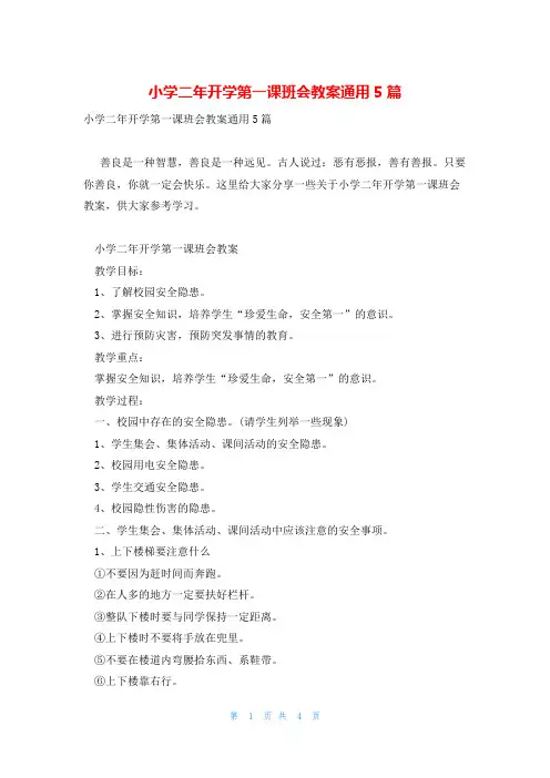 小学二年开学第一课班会教案通用5篇