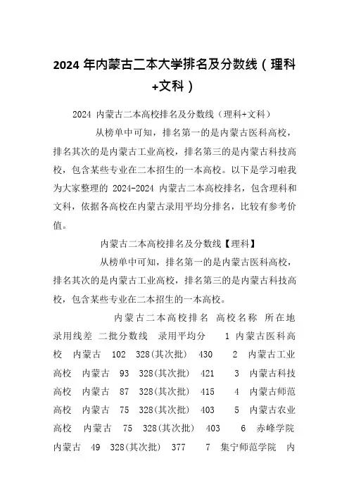 2024年内蒙古二本大学排名及分数线(理科+文科)