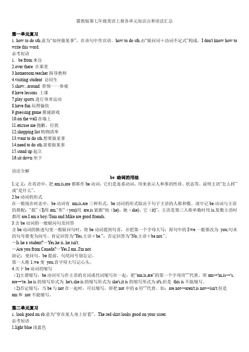 冀教版七年级英语上册各单元知识点和语法汇总