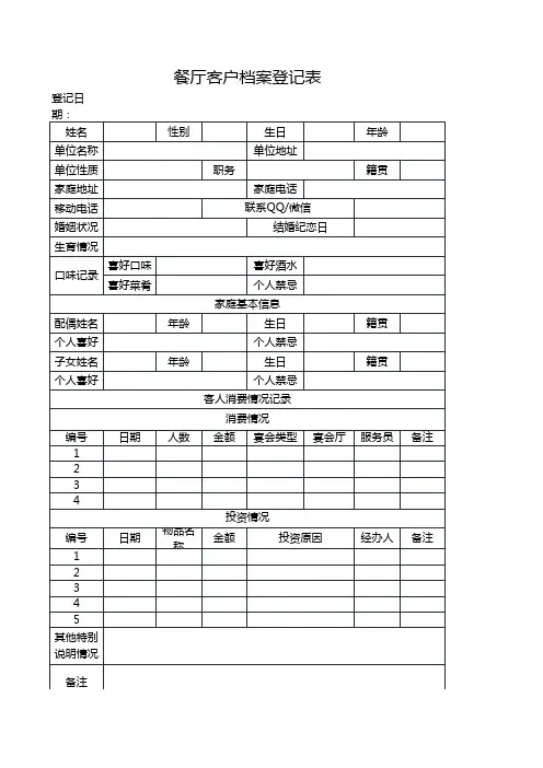 餐厅客户档案登记表