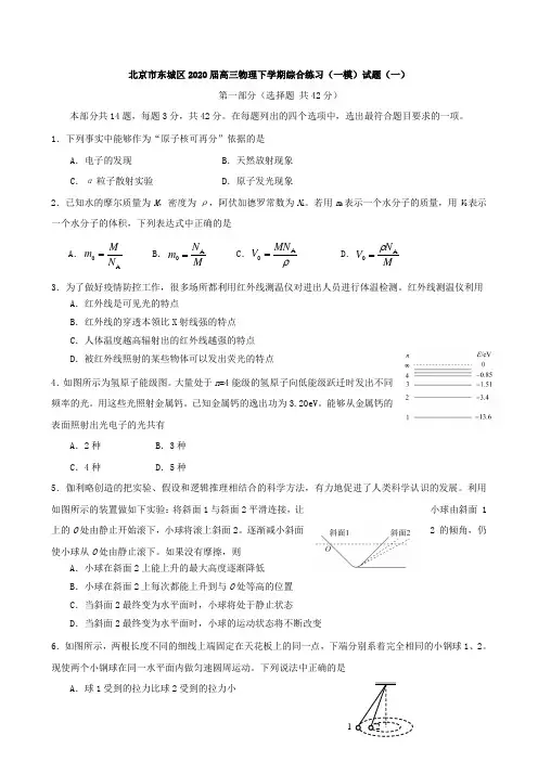 北京市东城区2020届高三物理下学期综合练习(一模)试题(一)
