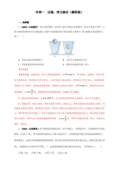 中考物理 专项训练  压强、浮力综合(解析版)