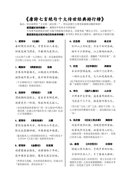 《唐诗七言绝句十大传世经典排行榜》【俞钧威】