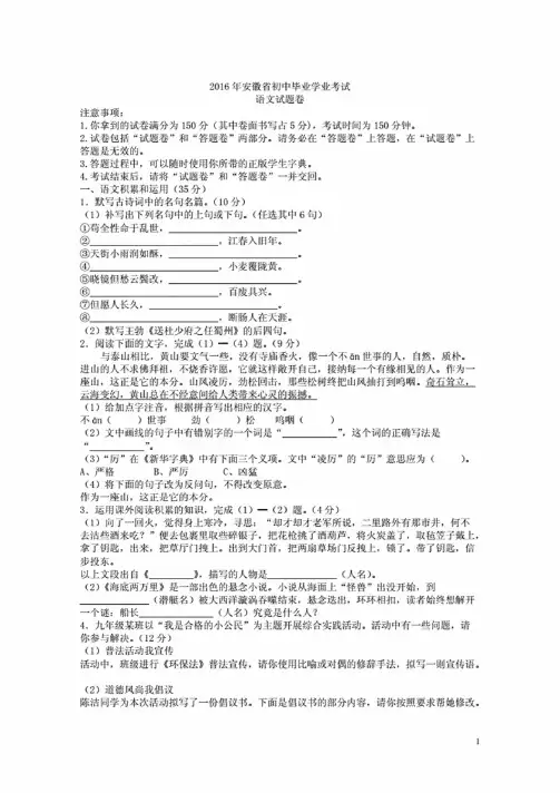 2016年安徽省初中毕业学业考试语文试卷（）