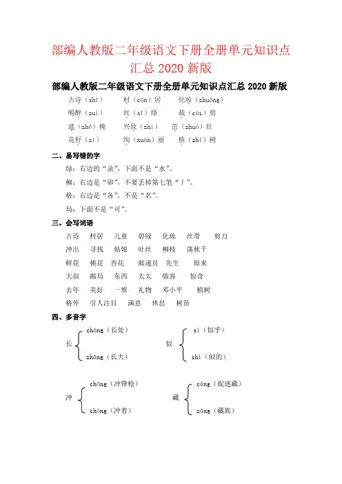 【强烈推荐】部编人教版二年级语文下册全册单元知识点汇总2020新版