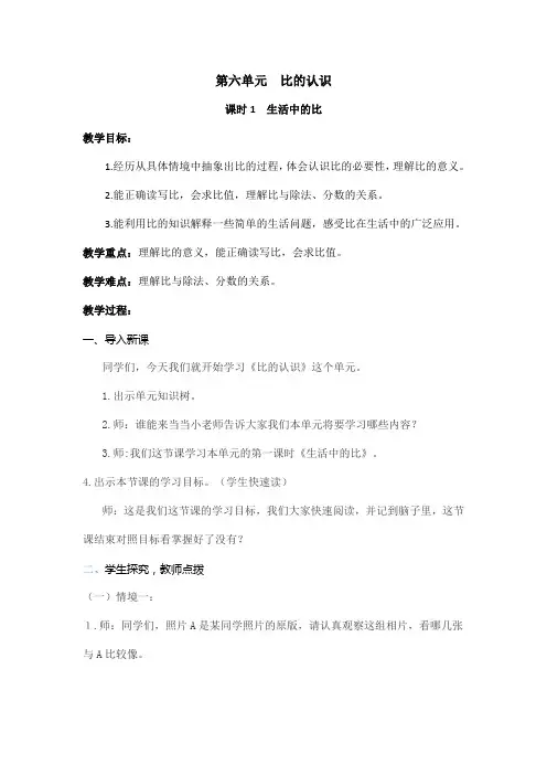 北师大版(赛课教案)六年级上册数学  比的认识