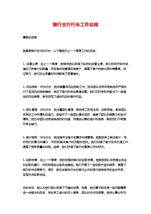 银行支行行长工作总结