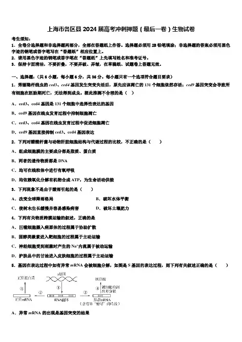 上海市各区县2024届高考冲刺押题(最后一卷)生物试卷含解析