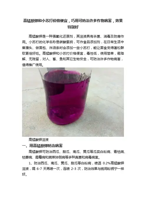 高锰酸钾和小苏打价格便宜，巧用可防治许多作物病害，效果特别好