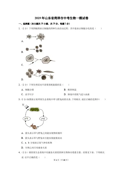 2019年山东省菏泽市中考生物一模试卷(解析版)