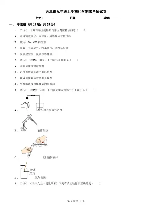 天津市九年级上学期化学期末考试试卷