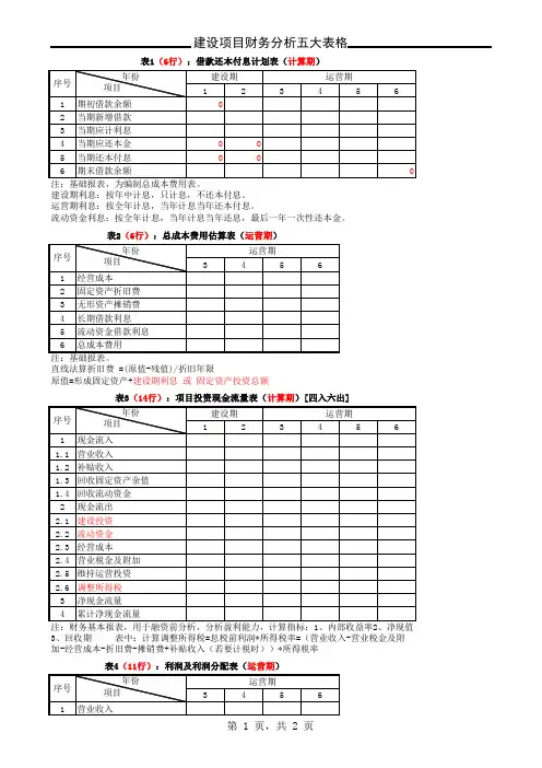 财务评价五大表格