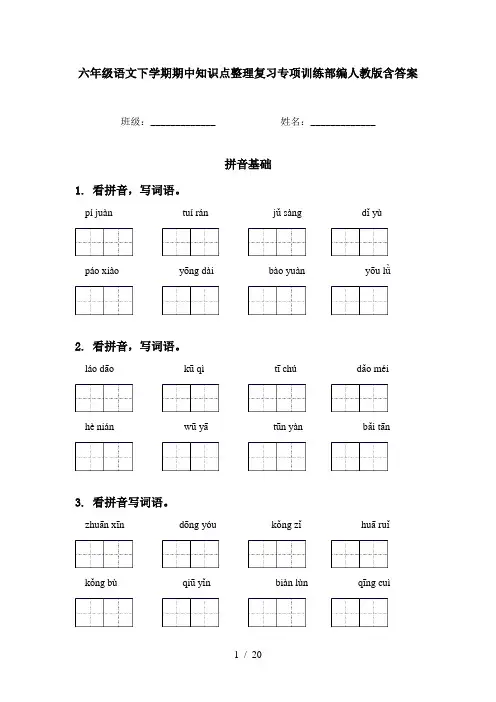 六年级语文下学期期中知识点整理复习专项训练部编人教版含答案