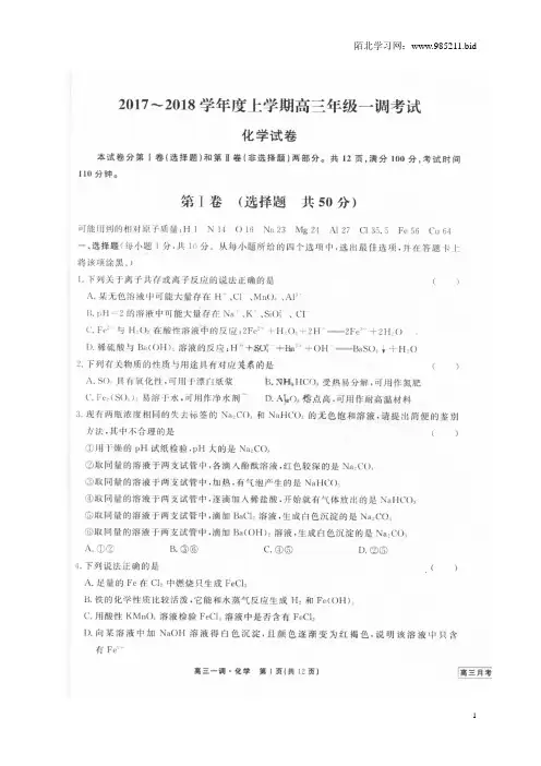 河北省衡水中学2018届高三上学期一调考试化学试题