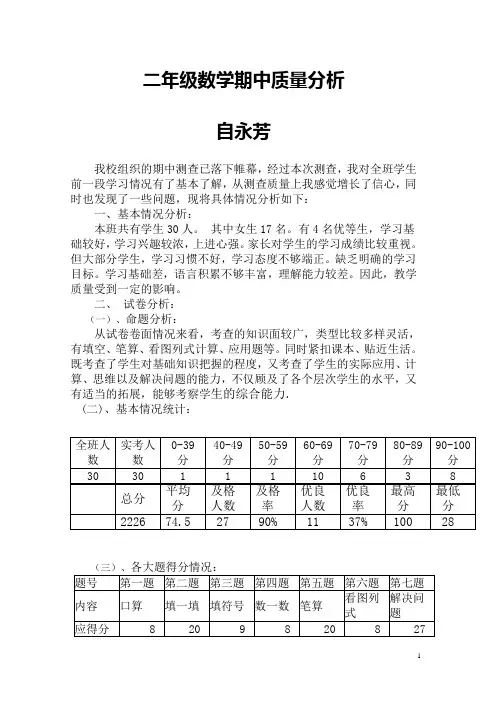 二年级数学期中质量分析