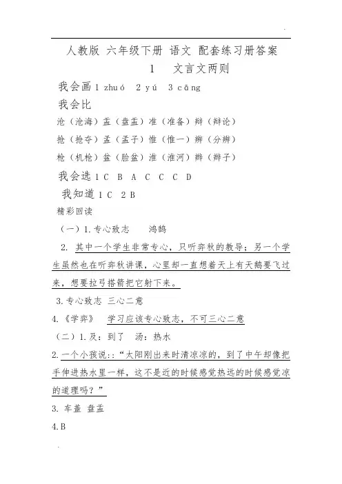 人教版六年级下册语文配套练习册答案
