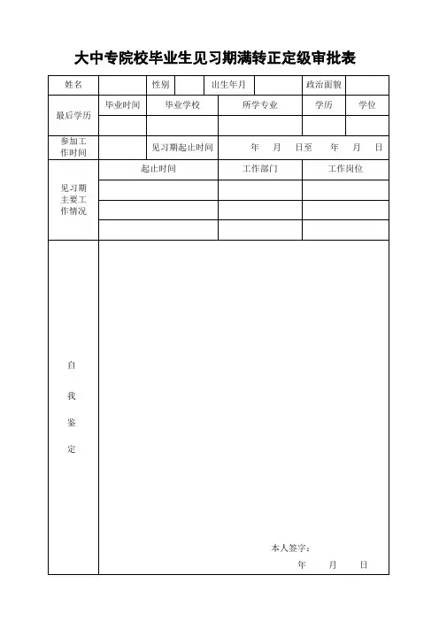 大中专院校毕业生见习期满转正定级审批表