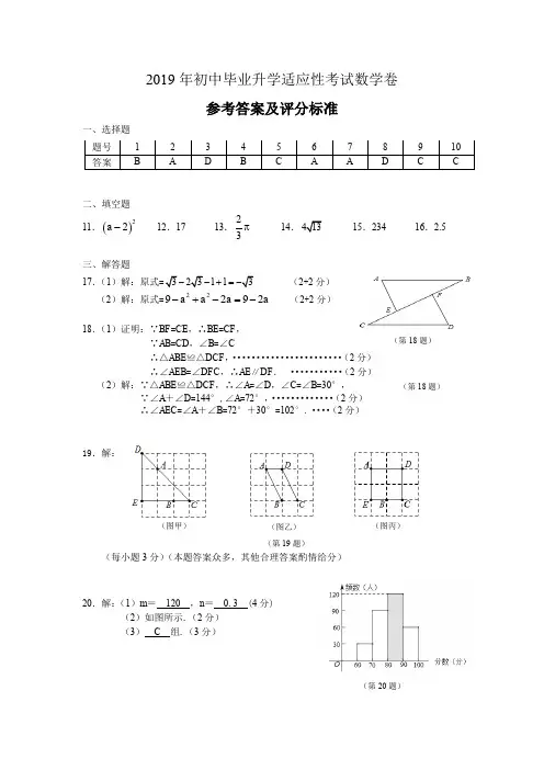 2019年初中毕业升学考试适应性考试数学卷参考答案及评分标准