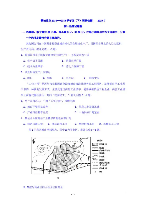 四川省攀枝花市2018-2019学年高一下学期期末调研检测地理试题 Word版含答案
