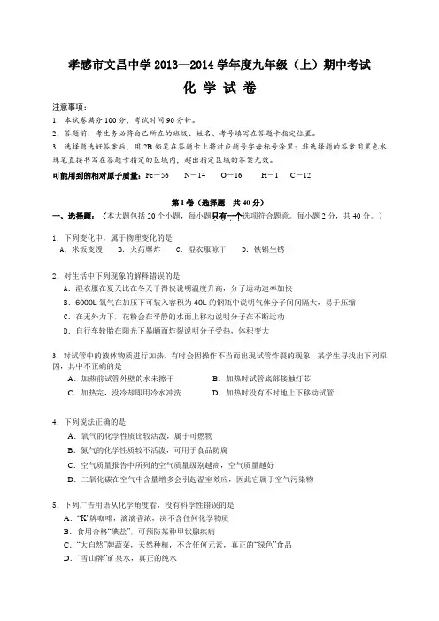 人教版九年级化学上册孝感市文昌中学—期中考试